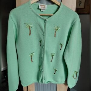 Vintage Tia Green Sweater Cotton Cardigan W/ Decorative Palm Trees